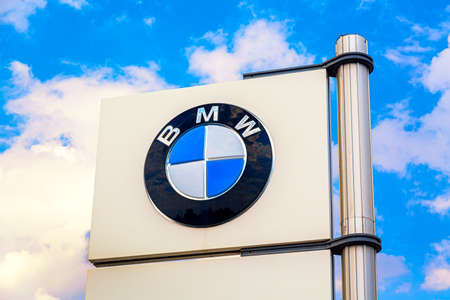 Moscow, Russia - August, 2021: BMW car manufacturer signage. Bavarian Motor Works, known as BMW is German luxury vehicles and motorcycles manufacturing company based in Munich, Germanyのeditorial素材