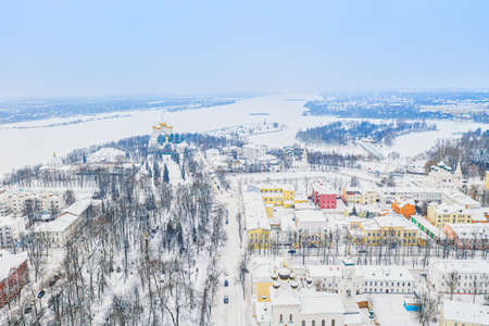 Aerial drone view of the Orthodox Assumption Cathedral during winter in Yaroslavl, Russia. Ancient touristic city of the Golden Ringの写真素材