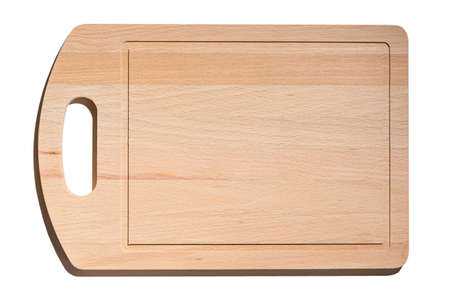 New rectangular wooden cutting board isolated on white background. Top view. Mockup for food projectの写真素材