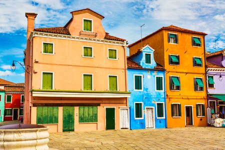 Beautiful vibrant colorful houses in Burano, near Venice in Italyの写真素材