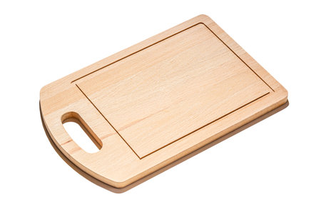 New rectangular wooden bamboo cutting board isolated on white background. Full depth of field. Mockup for food projectの写真素材