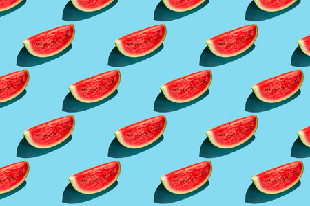 Top view of watermelon slices on blue background. Watermelon colorful pattern.の写真素材