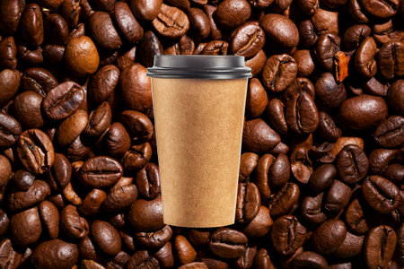 Macro image of roasted coffee beans with Take out coffee in brown thermo cup.の写真素材