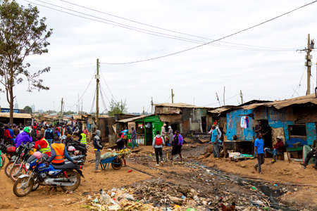 Nairobi, Kenya - August, 2019: Kibera slum in Nairobi in summer. Kibera is the biggest slum in Africa. Slums in Nairobi, Kenyaのeditorial素材