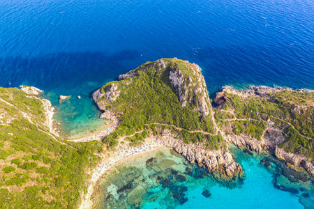 Corfu Island iconic image. Aerial drone view of Porto Timoni beach in Corfu. Ionian sea, Greece