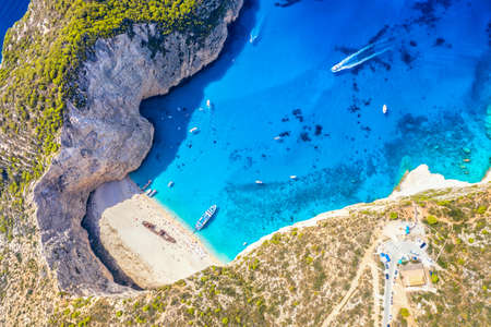 Greece iconic vacation picture. Aerial drone view of the famous Shipwreck Navagio Beach on Zakynthos island, Greece.の写真素材