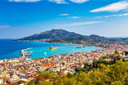 Aerial panoramic cityscape view of Zakynthos city, capital of the island Zakynthos in the Ionian sea in Greece. Summer sunny day.の写真素材