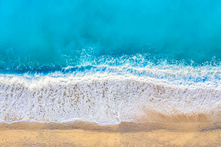 Top view aerial drone photo of Myrtos beach with beautiful turquoise water and sea waves. Vacation travel background. Ionian sea, Kefalonia Island, Greece.の写真素材