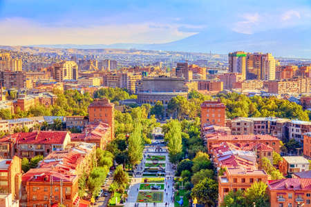 Yerevan cityscape view from Yerevan cascade with mount Ararat. Yerevan, Armenia.のeditorial素材
