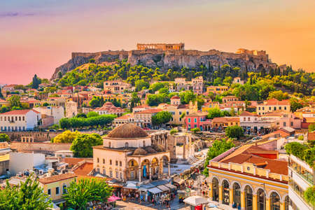 Skyline of Athens with Monastiraki square and Acropolis hill during sunset. Athens, Greeceのeditorial素材