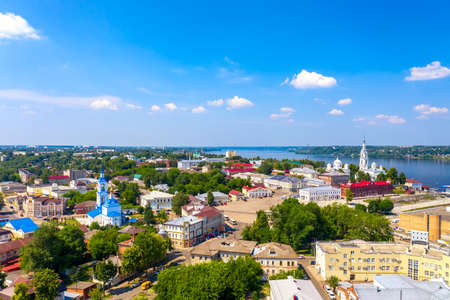 Aerial drone view of Kineshma ancient city with Volga river in Ivanovo region, Russia. Summer sunny day.のeditorial素材