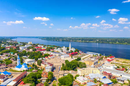 Aerial drone view of Kineshma ancient city with Volga river in Ivanovo region, Russia. Summer sunny day.のeditorial素材