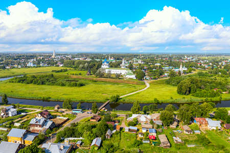 Aerial drone view of Suzdal Kremlin and cathedral of Nativity at the Kamenka river, Russia. Summer sunny day.のeditorial素材