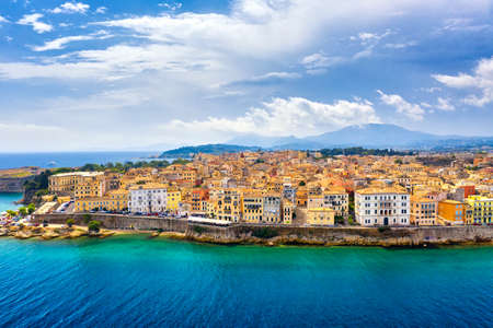 Aerial drone view of Kerkyra city with colorful houses during summer sunny day. Corfu island, Greeceのeditorial素材