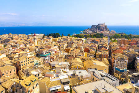 Aerial drone view of Kerkyra with old Fortress during summer sunny day. Corfu island, Greeceの写真素材