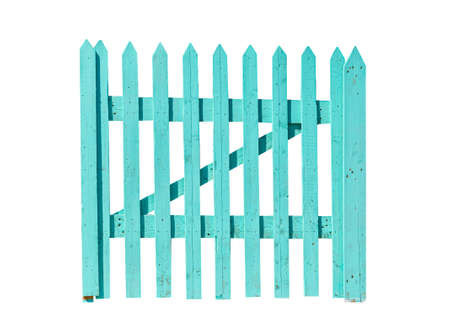 Blue wooden garden gate isolated on white background.の写真素材
