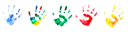 Collection of colorful child hand prints isolated on white background. watercolor paints. Children paint traces from hands and fingers. Paint abstraction.の写真素材