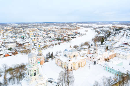 Aerial drone view of Novotorzhsky Borisoglebsky Monastery with Tvertsa river in Torzhok, Russia. Russian winter landscape.の写真素材