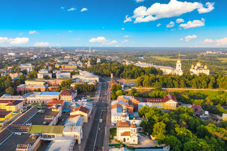 Aerial drone view of Assumption Cathedral and the city center of Vladimir, Russia.の写真素材