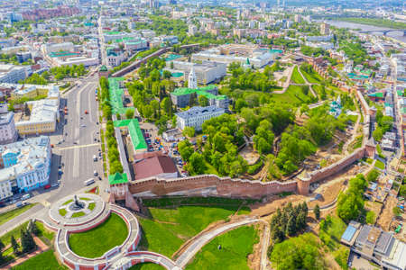 Aerial drone view of Chkalov ladder or Volzhskaya staircase and Kremlin in Nizhny Novgorod, Russiaの写真素材