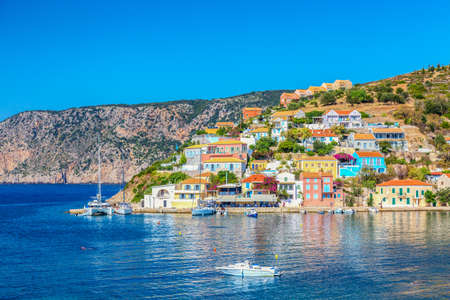 Colorful houses with yachts in Assos village on Kefalonia Island in Greece.の写真素材