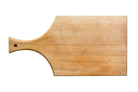 Used rectangularwooden cutting board isolated on white background. top view. Mock up for food projectの写真素材