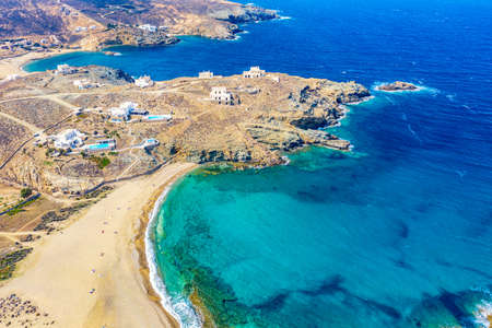 Aerial drone view of Fokos beach on Mykonos island, Greece.の写真素材