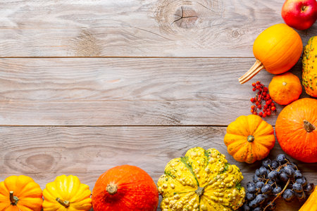 Autumn thanksgiving background with pumpkins, grapes and red rowan on wooden table. Top view with copy space for your text.の写真素材
