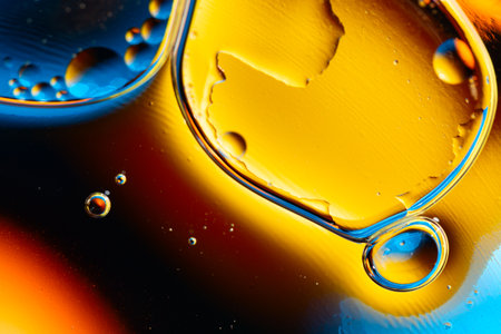Scientific image of cell membrane. Macro up of liquid substances. Abstract molecule atom structure. Water bubbles. Macro shot of air or molecule. Biology, physics or chemistry abstract backgroundの写真素材