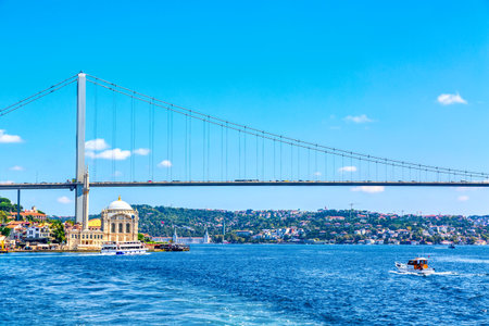The Bosphorus Bridge or 15th July Martyrs Bridge and the Ortakoy Mosque during summer sunny day in Istanbul, Turkey.の写真素材