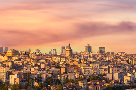 Beyoglu historic district and Galata tower medieval landmark. Istanbul, Turkey during sunset.の写真素材