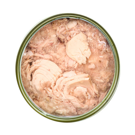 Tuna fish in opened tin can isolated on white background. Top view.の写真素材