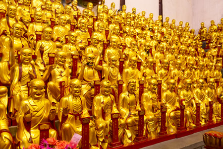 Gold statues of the Lohans in Longhua buddhist temple, Shanghai, Chinaの写真素材