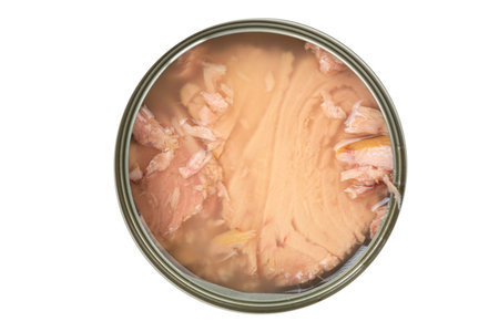 Tuna fish in opened tin can isolated on white background. Top view.の写真素材