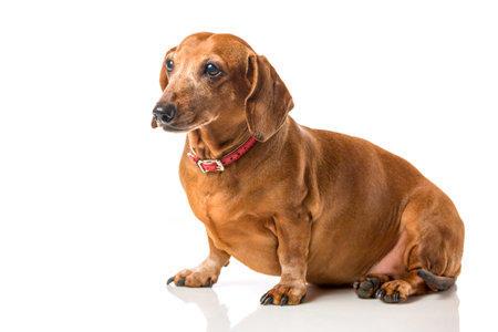Brown Dachshund dog portrait isolated over white background.の写真素材