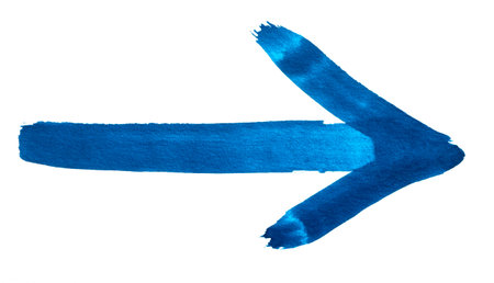 Hand drawn blue turquoise arrow made from watercolor brush strokes isolated on white backgroundの写真素材