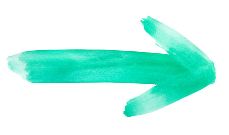 Hand drawn light green arrow made from watercolor brush strokes isolated on white backgroundの写真素材