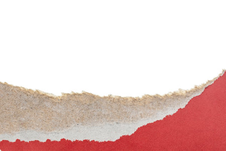 Red ripped cardboard paper torn edges isolated on white background.の写真素材
