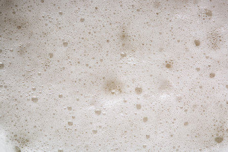 Close up of white beer foam with bubbles as a background.の写真素材