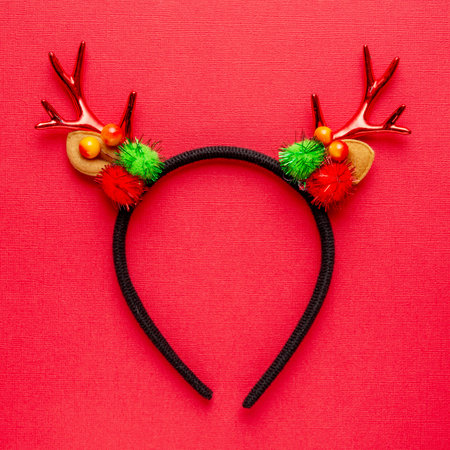Christmas or New Year theme. Headband with funny red deer horns on red backgroundの写真素材