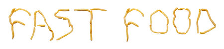Word fast food made from a pile of French fries potatoes isolated on white background.の写真素材
