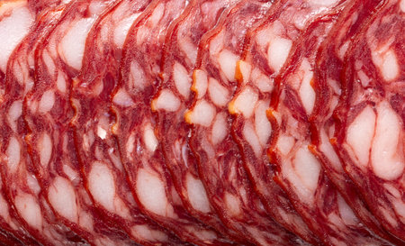 Braunschweiger sausage slices. Meat sausage or salami macro food background.の写真素材