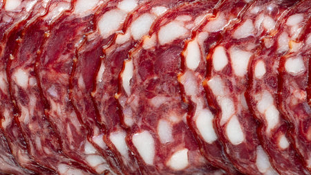 Braunschweiger sausage slices. Meat sausage or salami macro food background.の写真素材