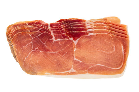 Spanish jamon or Italian prosciutto crudo ham slices. Meat ham food slices isolated on white background.の写真素材