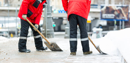 Communal services workers sweep snow from road in winter. Cleaning city streets and roads after snow storm in Moscow, Russiaの写真素材