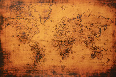 Old geographical vintage map of the world. Ancient world map atlas on canvas. Old travel background.の写真素材