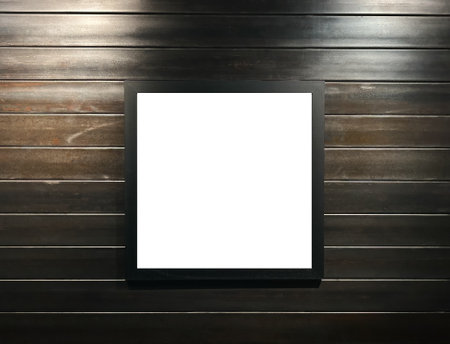 Black photo frame on dark brown wooden background. Mockup and template. Empty blank black sign on...