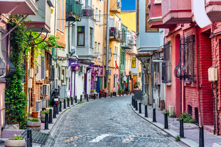 Beautiful colorful houses on a cozy narrow street in Balat district in Istanbul, Turkey.の写真素材