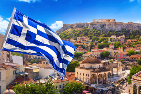 Skyline of Athens with Monastiraki square and Acropolis hill during sunset. Athens, Greeceの写真素材