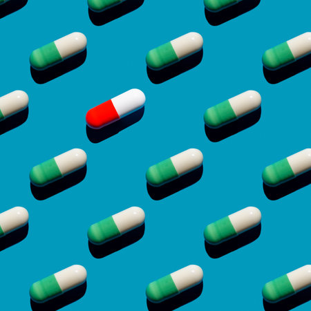 Creative square pattern made with pharmaceutical medicine green white capsules and red white capsule on blue background. Medicine conceptの写真素材